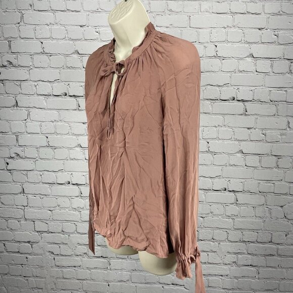 Paige Dusty Pink 100% Silk Long Sleeve Flowy Blouse Top Keyhole Flowy Size XS - Picture 11 of 12